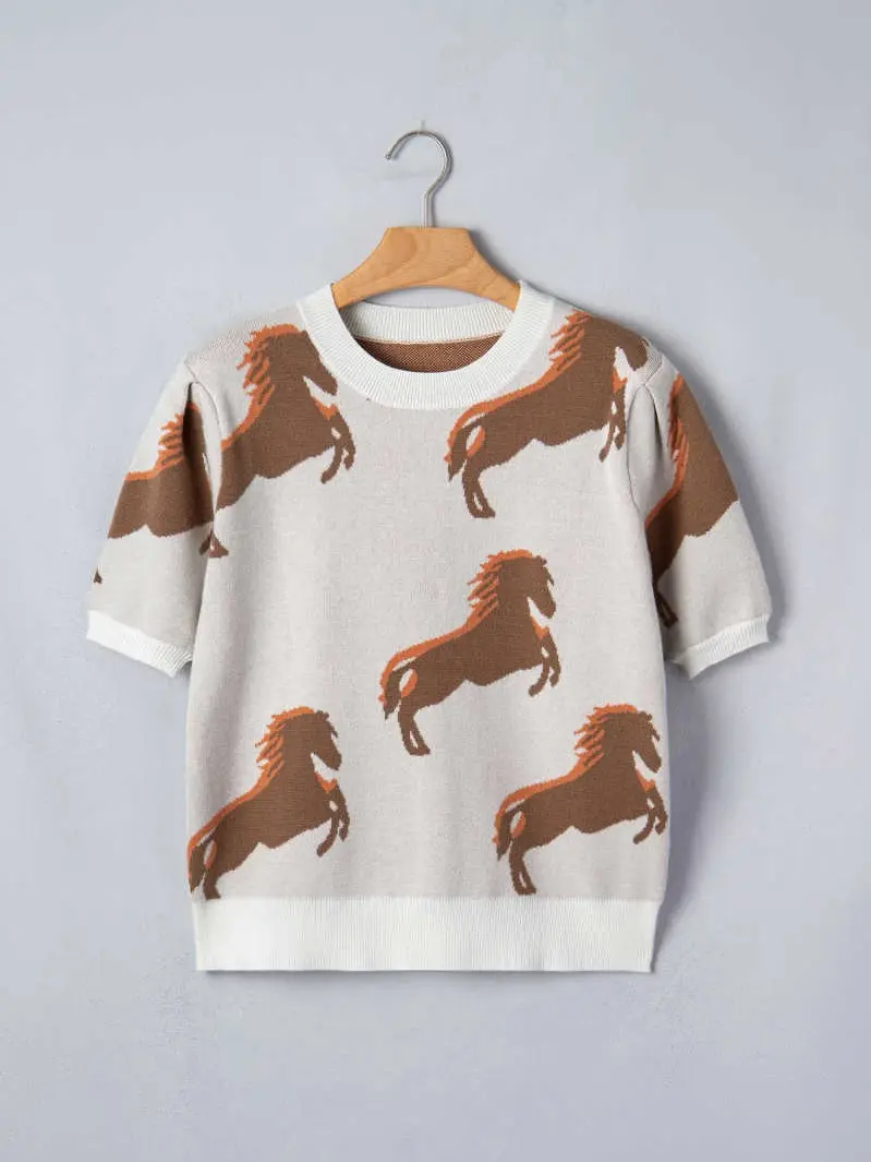 White Western Horse Printed Short Puff Sleeve Sweater