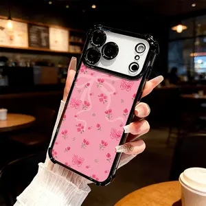 Pink Heart Sprinkle Four Comer Ant-Fall Phone Case Transparent Electroplated Protective Cover for iPhone 17 16 Pro Max 15 Air Plus 14 13 12 11E