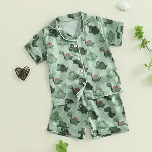 Baby Boy Silk Pajamas Dinosaur Satin Pajamas Set Short Sleeve Button-Up Top Shorts 2PC PJs