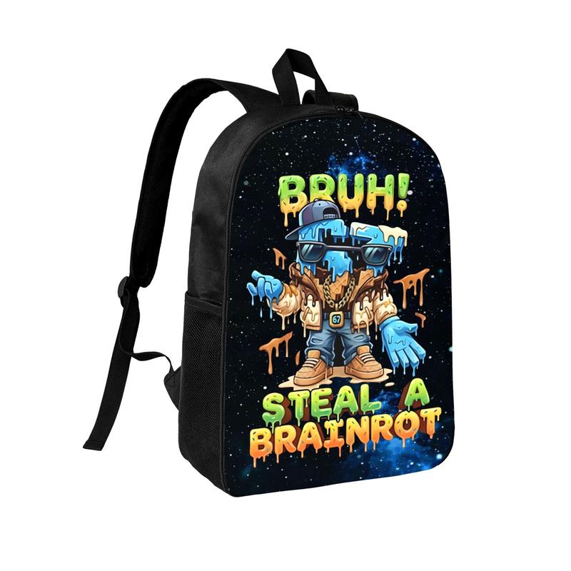 Graffiti 'Bruh! Steal A Brainrot' 67 Print Backpack, Starry Sky Pattern Casual Daypack for School & Travel