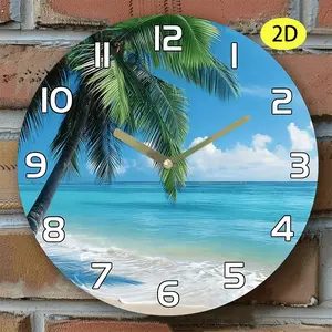 1pc Tropical Beach Wall Clock with Palm Tree & Ocean View - Silent Non-Ticking Wood Round Clock, Turquoise Sea & Sandy Shores for Living Room, Bedroom, Kitchen Decor - Tropical Theme Coastal Timepiece for home  Gift