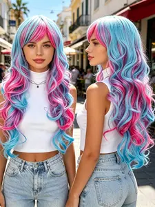 26-Inch High-Quality Dyed Wig, Blue Mixed Color Long Wavy Hair, Women's Festival Party Halloween Wig, Synthetic Fiber