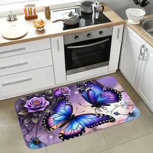 Modern kitchen carpet floor mat, purple butterfly flower pattern, soft, comfortable and lightweight, suitable for bedroom, living room, dining area, bathroom, laundry room, door, kitchen and other scenes home decoration holiday decorations