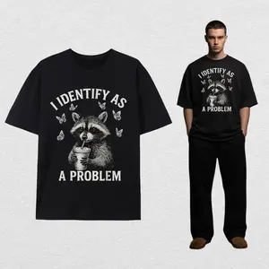2026 "I Identify As A Problem" Raccoon Funny T-Shirt Classic Crewneck Short Sleeve Tee for Men Casual Cotton Whimsical Design