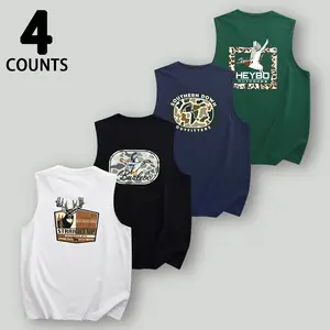 Men's 4-Piece Set Menswear Sleeveless Vests, Summer Regular Fit Casual Style with Letter Prints, Camouflage Frames & Wild Animal Designs, Breathable Fabric, Suitable for Camping Trips & Weekend Travel, 4-Piece Set 1