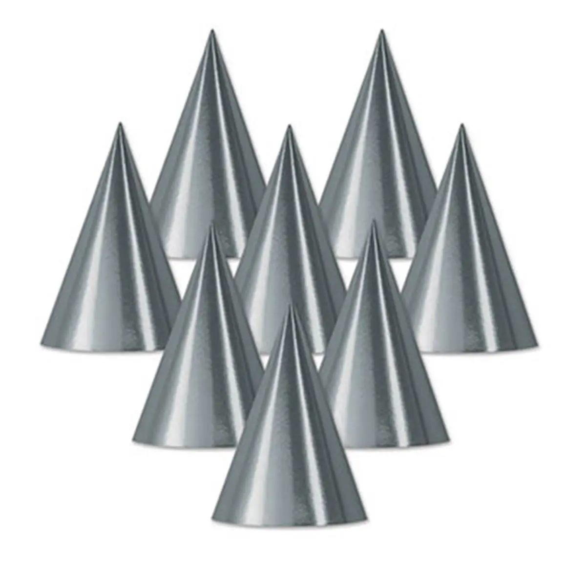 Beistle 66002-S Silver Foil Cone Hat Accessories - 6.75 in, Cone Shape, Elastic Band, 48-Pack for Birthday Theme Party Supplies