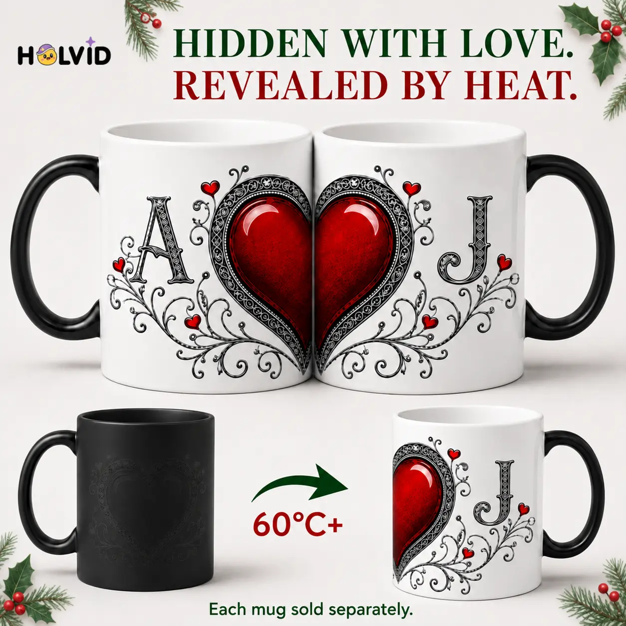 HOLVID  11oz Personalized A–Z Initial Heat-Reveal Mug, Color-Changing Ceramic Coffee Cup, Romantic Heart Gift for Couples, Christmas, Anniversary, Birthday