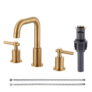 WOWOW Brushed Gold 8 in. Widespread Double Handle High-Arc Bathroom Faucet with Pop-up Drain Kit