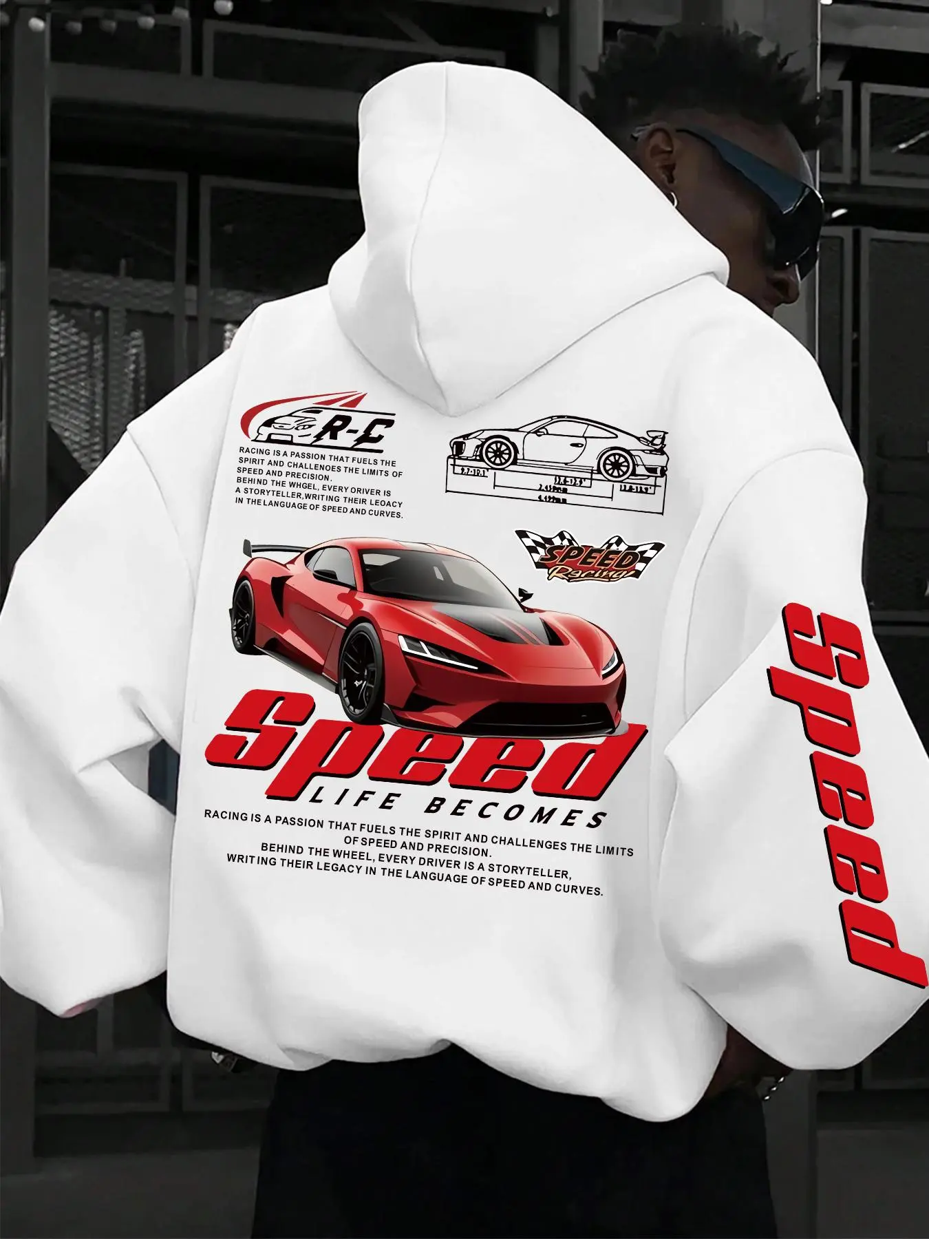 Men's Car & Letter Print Hoodie, Casual Loose Long Sleeve Hooded Sweatshirt for Fall & Winter, Men's Clothes for Daily Wear, Graphic Sweatshirt, Hooded Pullover Sweatshirt, Casual Fashion Sweatshirt, Casual Streetwear Pullover