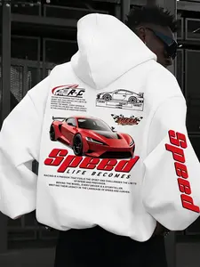 Men's Car & Letter Print Hoodie, Casual Loose Long Sleeve Hooded Sweatshirt for Fall & Winter, Men's Clothes for Daily Wear, Graphic Sweatshirt, Hooded Pullover Sweatshirt, Casual Fashion Sweatshirt
