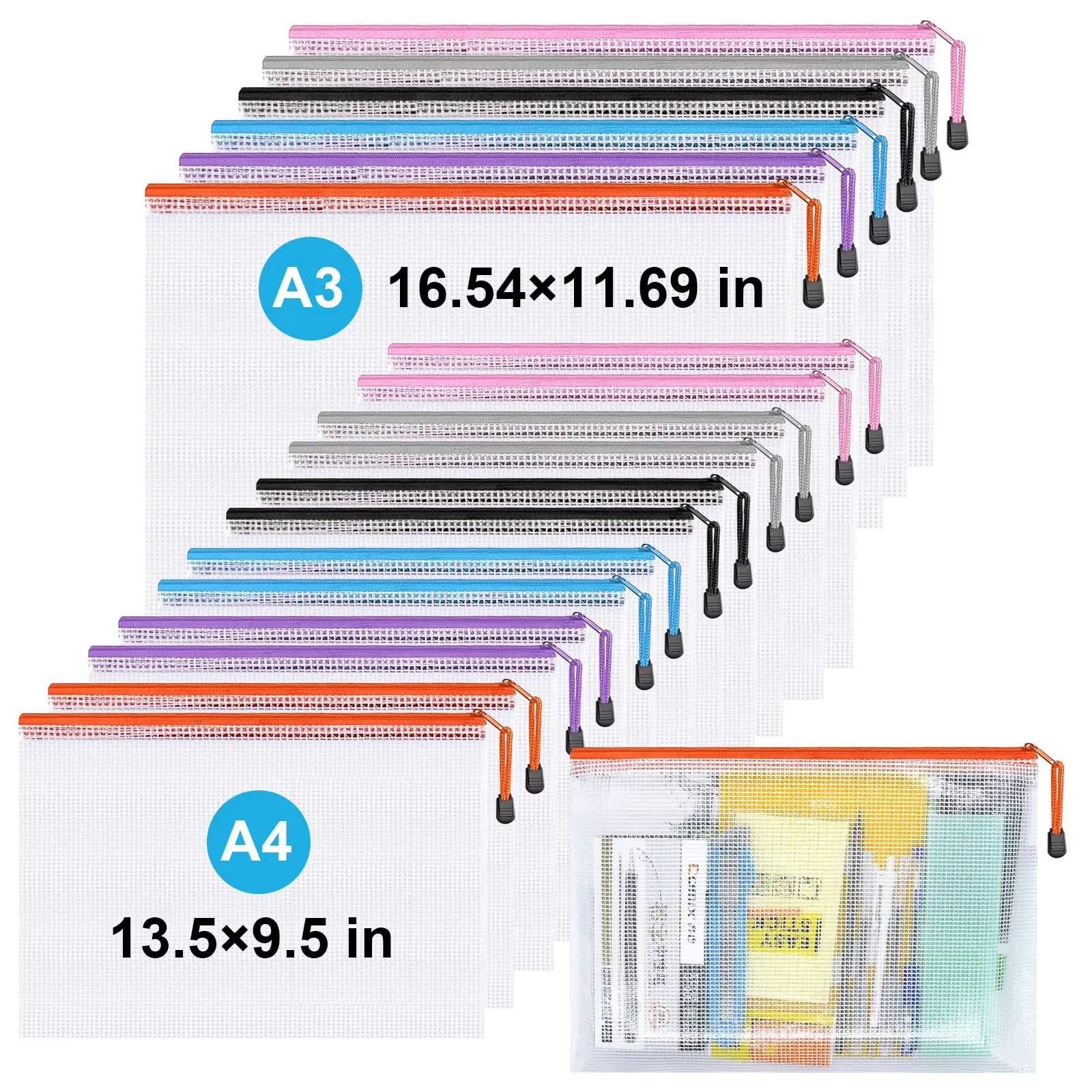 Mesh Zipper Pouch,Waterproof Zipper Bags,18pcs Document Folders,for Puzzle Board Game Storage,for School Office Supplies