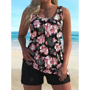Women's Plus-Size 2-Piece European & American Style Printed Tankini Swimsuit with Tummy-Flowy Design for Outdoor Fun