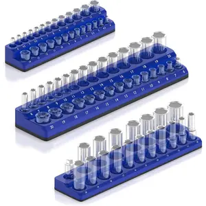 Magnetic Socket Organizer - 3-Piece Drive Metric Socket Holder Set with Strong Magnets - Professional Tool Holder and Organizer - Stores up to 75 Sockets - Blue - Part: 1149