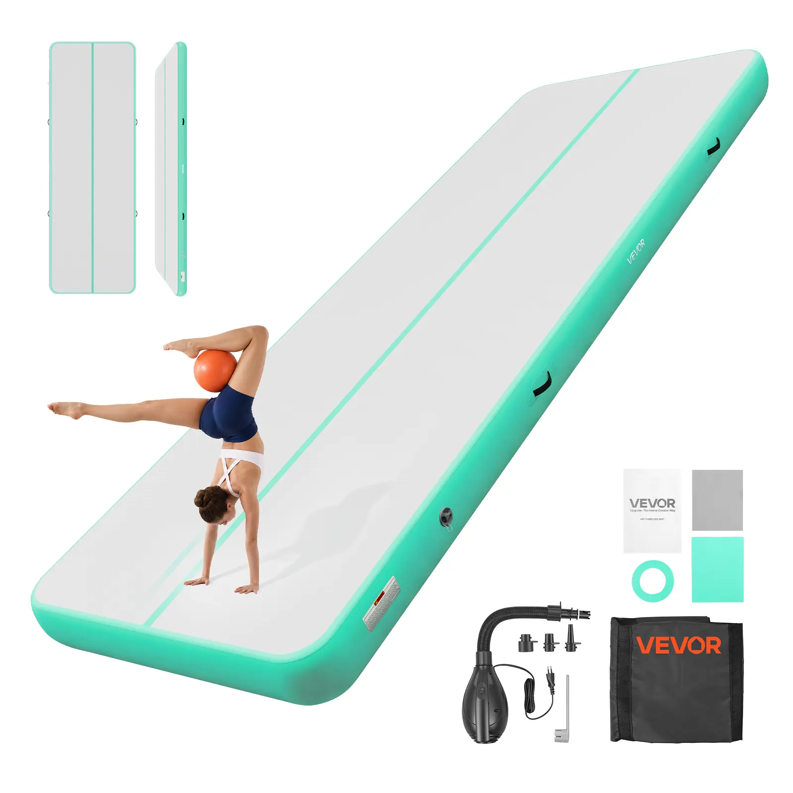 【SummerFinds】VEVOR Inflatable Gymnastics Air Mat 20 ft Training Mats w/ Electric Pump, 8 inches Thick Sturdy Tumble Track, Tumbling Mat for Home Use/Gym/Outdoor/Yoga/Cheerleading/Beach/Park/Water, Mint Green