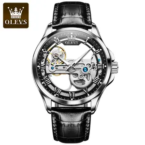 OLEVS Skeleton Watches for Men Automatic Self Winding Mechanical Luxury Dress Leather Waterproof Luminous Men Wrist Watch