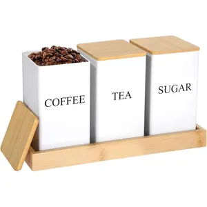 White 3-Piece Canister Set with Tray, Iron Tea, Coffee, Sugar Containers with Wooden Lids, Sealed Storage for Snacks, Coffee Beans, Kitchen Organization