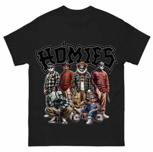 Homies Horror Movie Villains Graphic T-Shirt, Funny Chicano Freddy Jason Chucky Tee, Urban Halloween Streetwear for Men, Retro Lowrider Style Top cotton unisex fit heavyweight short sleeve Cotton Printed Round Neck T-Shirt friend halloween shirt