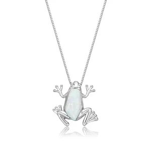 Lavari Jewelers Women's Created White Opal Frog Diamond Pendant 18 Inch Sterling Silver with Lobster Clasp