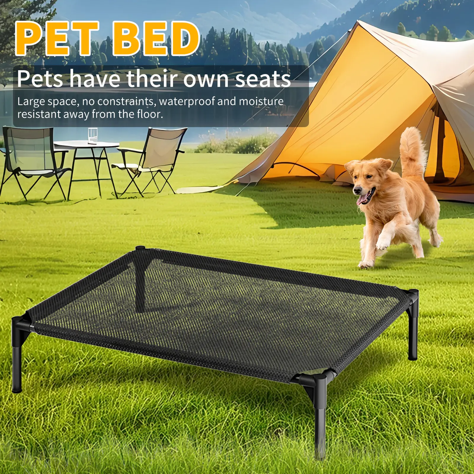Elevated Raised Dog Cot Bed, Waterproof Breathable Oxford Mesh Off-Ground Pet Bed with Sturdy Steel Frame, Moisture Resistant Indoor Outdoor Camping Cooling Dog Bed, Washable Pet Cot in Black Gray S M L Sizes for Small Medium Large Dogs Cats