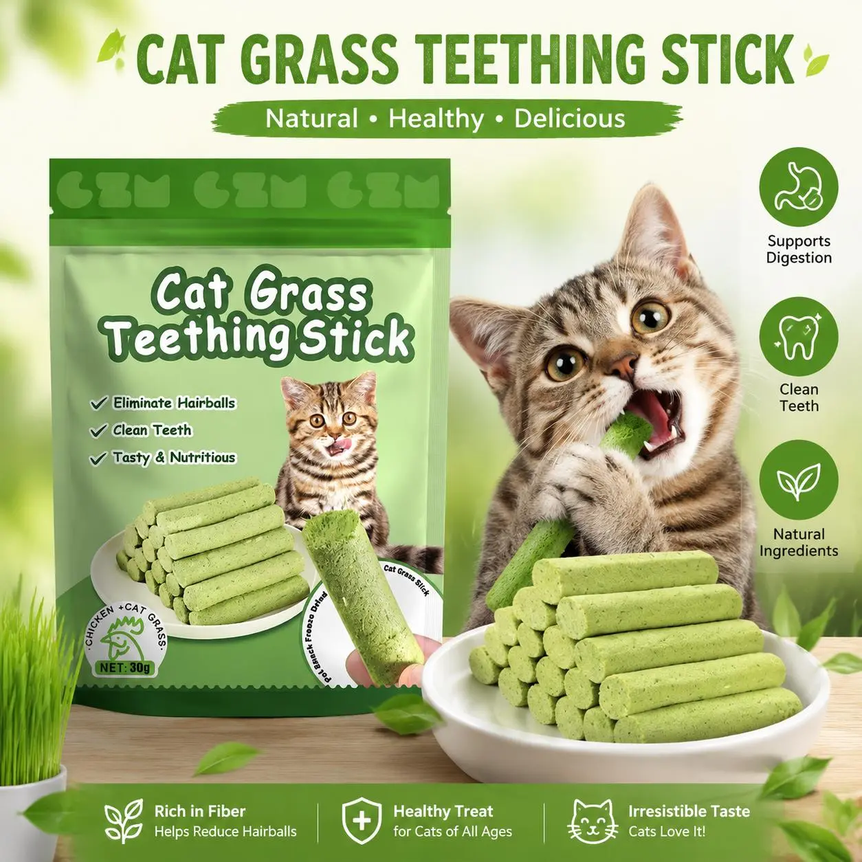 Cat Grass Teething Sticks for Cats, Natural Chicken Flavor Chew Treats, Helps Reduce Hairballs & Clean Teeth, 30g