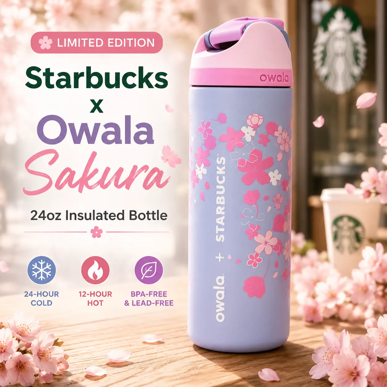 Starbucks x Owala Sakura 24oz FreeSip Insulated Water Bottle