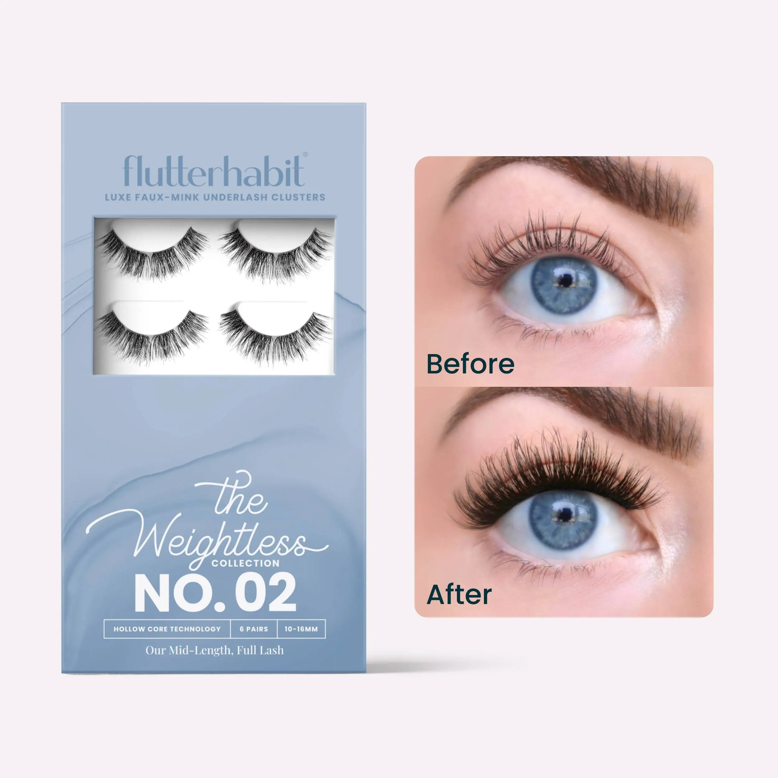 FlutterHabit Weightless No. 2 pack of 6 DIY false Eyelash Extensions. Under lash application method