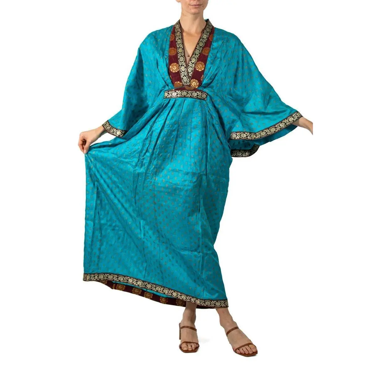 MORPHEW COLLECTION Azure Blue & Gold Indian Sari Silk Butterfly Sleeve Kaftan Dress
