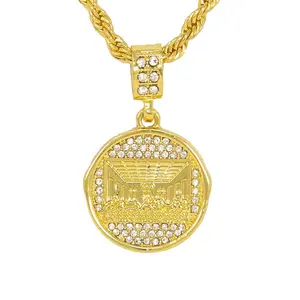 Iced Medium Last Supper Diamond Medallion Pendant with 4mm Rope Chain, 24in Round Symbol Pendant Necklace, Diamond Medallion Necklaces, Round Pendant Necklaces