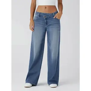 Women’s Asymmetrical Low-Rise Wide-Leg Stretch Denim Jeans with Multiple Pockets, Button & Zipper Closure, Washed Finish