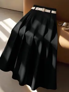 Plus Size High Waist A-Line Skirt, Simple Basic Commuter Style Featuring Flattering Draping for Pear-Shaped Body, Perfect for Everyday and Work
