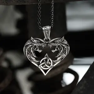 GTHIC Heart-shaped Necklace Fenrir Wolf Stainless Steel Viking Pendant for Mother's Day Gift Hypoallergenic
