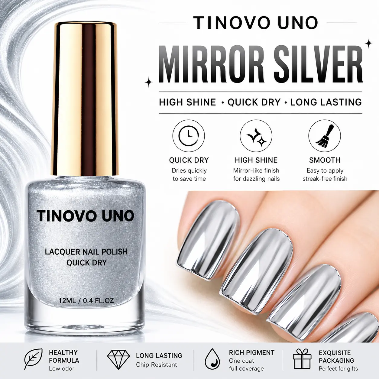 Tinovo Uno Mirror Effect Silver Nail Polish, High-Gloss Luxury Shine Without UV Lamp! Alcohol-Free & Quick-Dry, Vitamin-Infused Nail Care, Elegant Silver Shade, Multi-Pack Set Ideal for Everyday Wear & Romantic Date Nights!