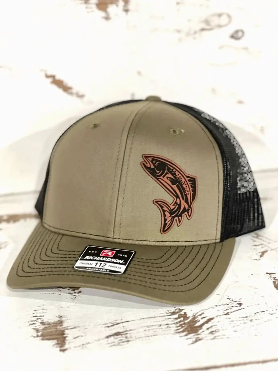 Trout Flat Bill Hat with Engraved Leather Patch, Unisex Trucker Snapback Cap in Breathable Cotton, Adjustable & Lightweight for Casual Wear, Flat Bill Hats, Cotton Fabric, Engraved Patch