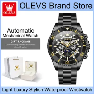 OLEVS 6715 Men's Full Black Stainless Steel Automatic Mechanical Watch, Luxury Skeleton Sports Wristwatch,  Week Display, Luminous Hands, 3ATM Water Resistant Fashion Dress Timepiece, Premium Business & Outdoor Gift for Gentlemen