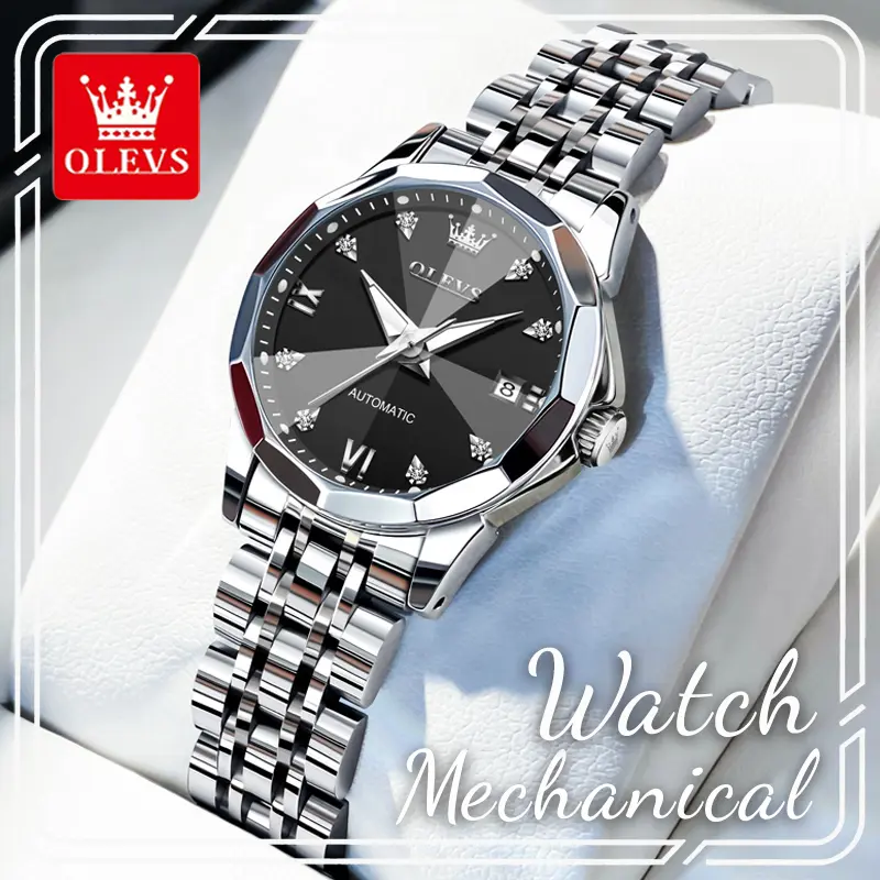 OLEVS Women's Automatic Stainless Steel Wristwatch, Analog Watch with Octagonal Case & Jubilee Band, Black Sunburst Dial with Rhinestone Markers, Date Display, 3ATM Daily Resistant, Automatic Watches