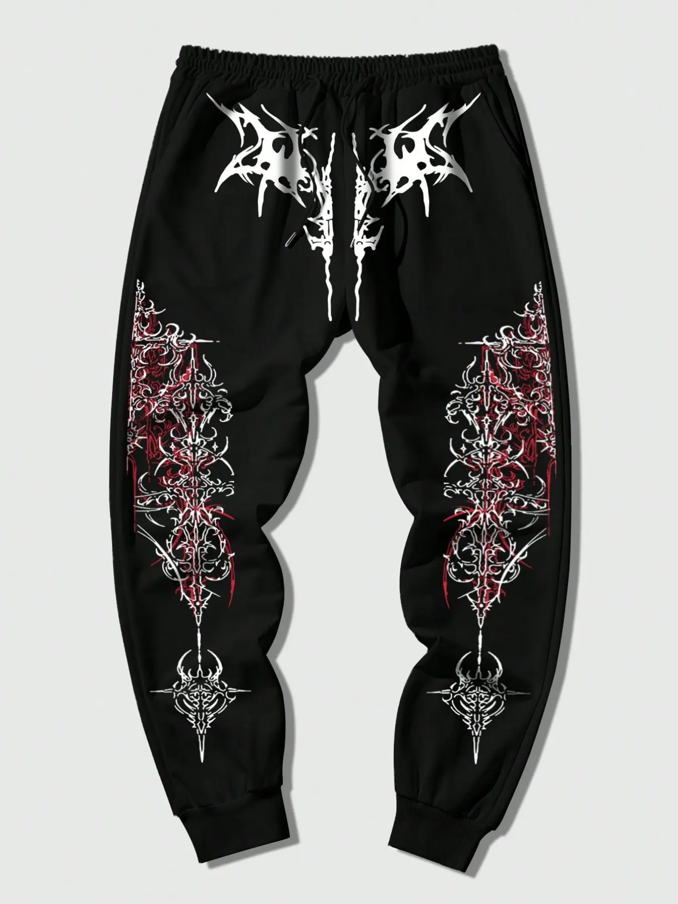 Aesthetic Opium Style Graphic Tracksuit Bottoms | Symmetrical Bone & Thorn Print Darkwear Trousers | Casual Loose Fit Elastic Waist Street Pants Casual Fashion Bottoms for Gen-Z Grunge Outfits