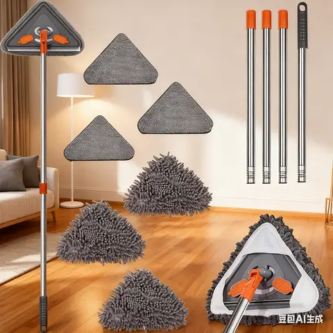 Long Handle Wall & Baseboard Cleaner Mop - Adjustable Telescopic Extension Pole, Squeegee, Microfiber Polyester Pads, Portable Stain Remover Mops for Home Multi-Surface Wet/Dry Cleaning