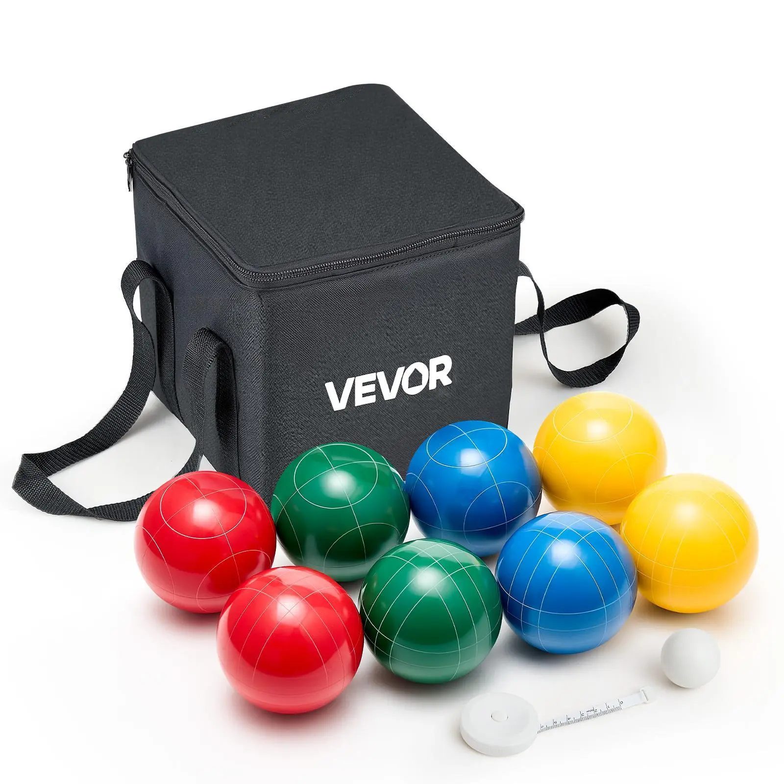 【SummerFinds】VEVOR Bocce Ball Set, 100 mm, with 8 Resin Balls, Pallino, Carrying Bag and Measuring Rope, Red/Green/Blue/Yellow 4 Colors, for 2 to 8 Players, Bocce Ball Game Set for Beach, Lawn, Family Backyard