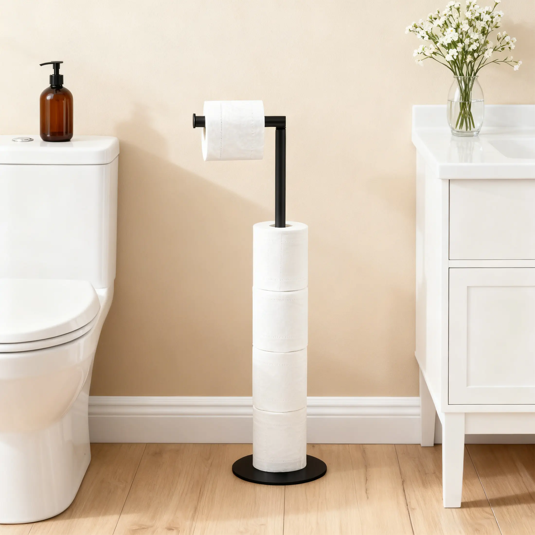 Free Standing Stainless Steel Toilet Paper Holder Stand - No Installation Home Accessory, Holds 5 Spare Rolls, Modern Black Bathroom Decor & Paper Storage for Bathroom Supplies