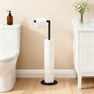 Toilet Paper Holder Stand, Free Standing Toilet Paper Roll Holder for 5 Spare Rolls, Modern Bathroom Toilet Paper Stand, Stainless Steel Paper Storage for Bathroom, Black