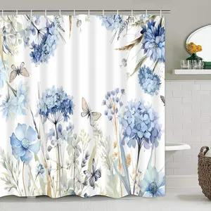 4-Piece Blue Floral Shower Curtain Set, Butterfly & Flower Design, U-Type Rod, Includes Rugs & Hooks, Casual Style for Farmhouse Decor