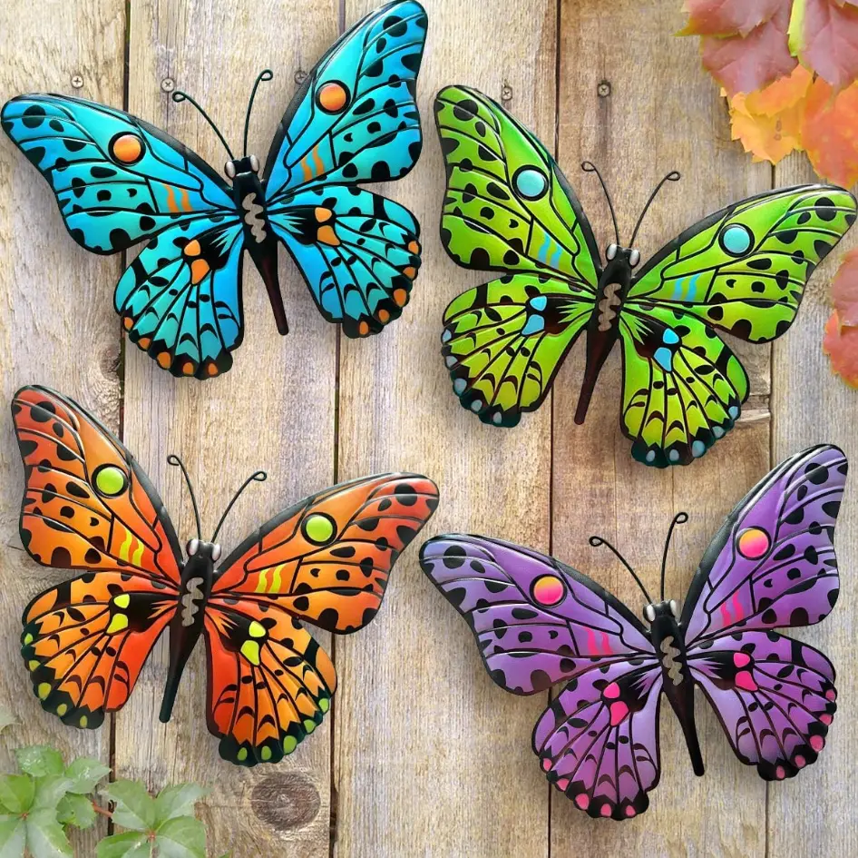 Vibrant Hand-Painted 4-Pack Weatherproof Metal Butterfly Wall Art - Iron Animal Hanging Sculptures for Outdoor/Indoor Garden, Patio, Living Room Decor