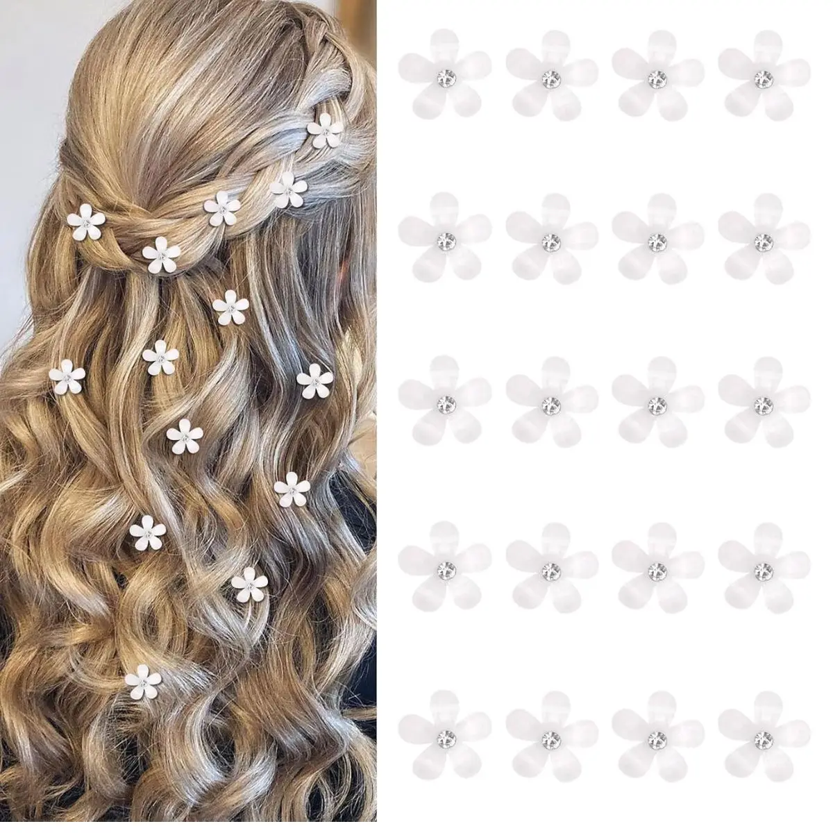 20PCS Mini White Rhinestone Flower Hair Clips – Bridal Wedding Barrettes & Pins for Women & Girls