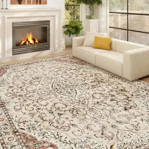Area Rug 8x10, Vintage Medallion Washable Rug with Stain Resistance for Living Room or Dining Room, Mixed-Brown