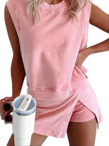 Women Summer 2 Piece Outfits, Cotton Cami Tank Top and Split Hem Casual Sports Pants Set, Ladies Daily Loungewear Tracksuit