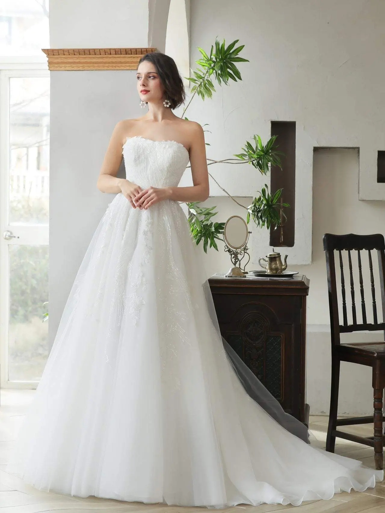 Strapless A-Line Wedding Dress in Satin Blend with a Long Chapel Train, Chic Elegant 3D Leaf Lace and Beaded Sequins, Women, Zip, Sleeveless, Ophelia, Made-To-Order, Bare Shoulders, Gown
