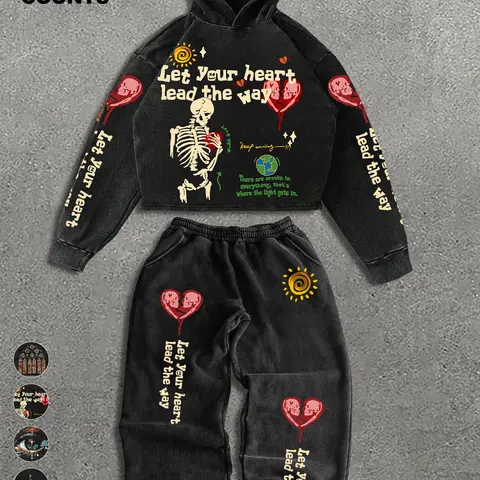 Men's Gothic Street-Style Skull-Print Casual Matching Set, Artistic Design Long-Sleeve Top & Casual Fitted Sweatpants, Trendy Party Wear for Fall and Winter, Casual Fashion Set, Gothic Clothes, Sweatshirt Sets, Co Ord Set