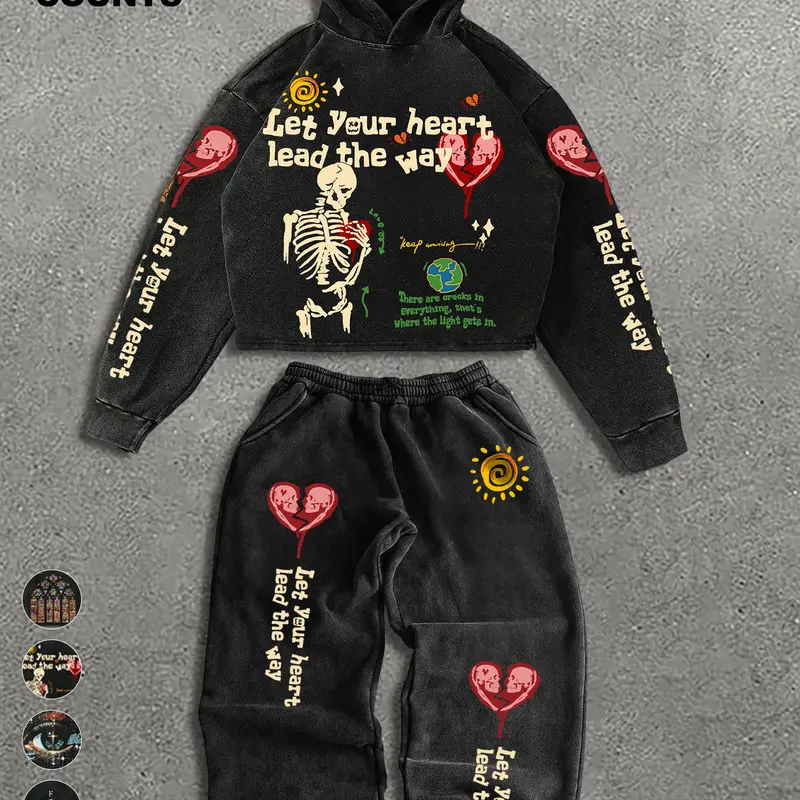 Men's Gothic Street-Style Skull-Print Casual Matching Set, Artistic Design Long-Sleeve Top & Casual Fitted Sweatpants, Trendy Party Wear for Fall and Winter, Casual Fashion Set, Gothic Clothes, Sweatshirt Sets, Co Ord Set