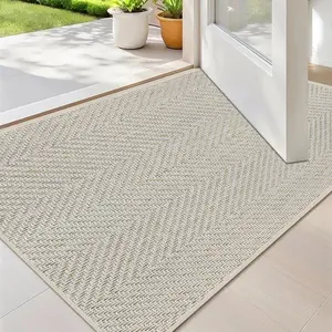 Thin Indoor Door Mat 17" x 29" – Non-Slip Washable Entryway Mat with Rubber Backing, Herringbone Design (Khaki)
