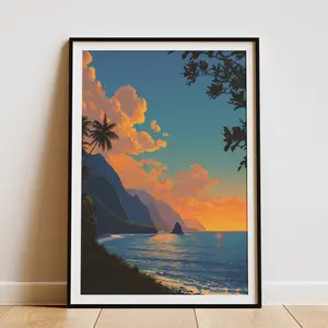 Molokai Sunset Poster Hawaiian Island Art Print Tropical Wall Decor Vacation Home Art Hawaii Travel Poster Sunset Over Molokai Art Print